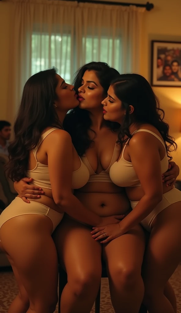  Indian married girls doing fivesome of age 36 years Chubby lady nude with beautiful look, masturbating with her friends, and she cum and squirt dripping from her pussy , and she has a massive ass and thighs,  and all are in missioary pose with legs spread and fingering each other in bed