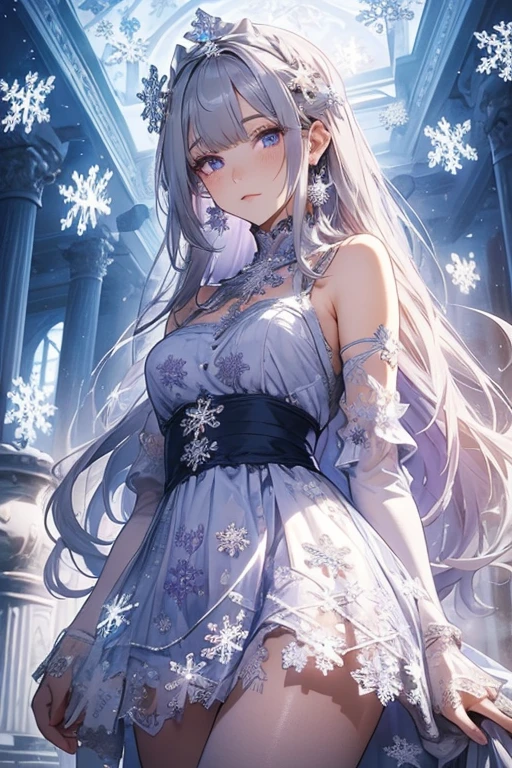 ((8k, best quality, master piece: 1.3)),super high resolution,(1 girl, solo), (colorshift eyes, hyperdetailed, expressive sparkling, glitter, glowing eyes), ultra detailed eyes, ultra-detailed face, random hair, ((pastel color)),A silver-haired woman is using ice magic in an ice castle. She is wearing an ice dress with white and blue embroidery, and in the background are beautiful ice sculptures and shining ice walls. The dress shines like ice crystals and emits a cold light. She holds out her hands, and her silver bracelets shine, reflecting the ice light. Magical light emanates from her hands, creating an ice sculpture. Her braided silver hair is illuminated by the ice light, and her translucent skin shines in the cold light. Her eyes are icy blue, and her eyes, filled with magical power, are controlling ice magic. Her cold yet beautiful figure is fantastical, and is depicted in harmony with the ice castle in the background, A magical winter scene with glittering snowflakes falling gently. Each snowflake catches the light, sparkling as it drifts down. The ground is covered in a pristine layer of snow that glistens under the soft illumination. The entire image feels like a winter wonderland, filled with shimmering beauty.