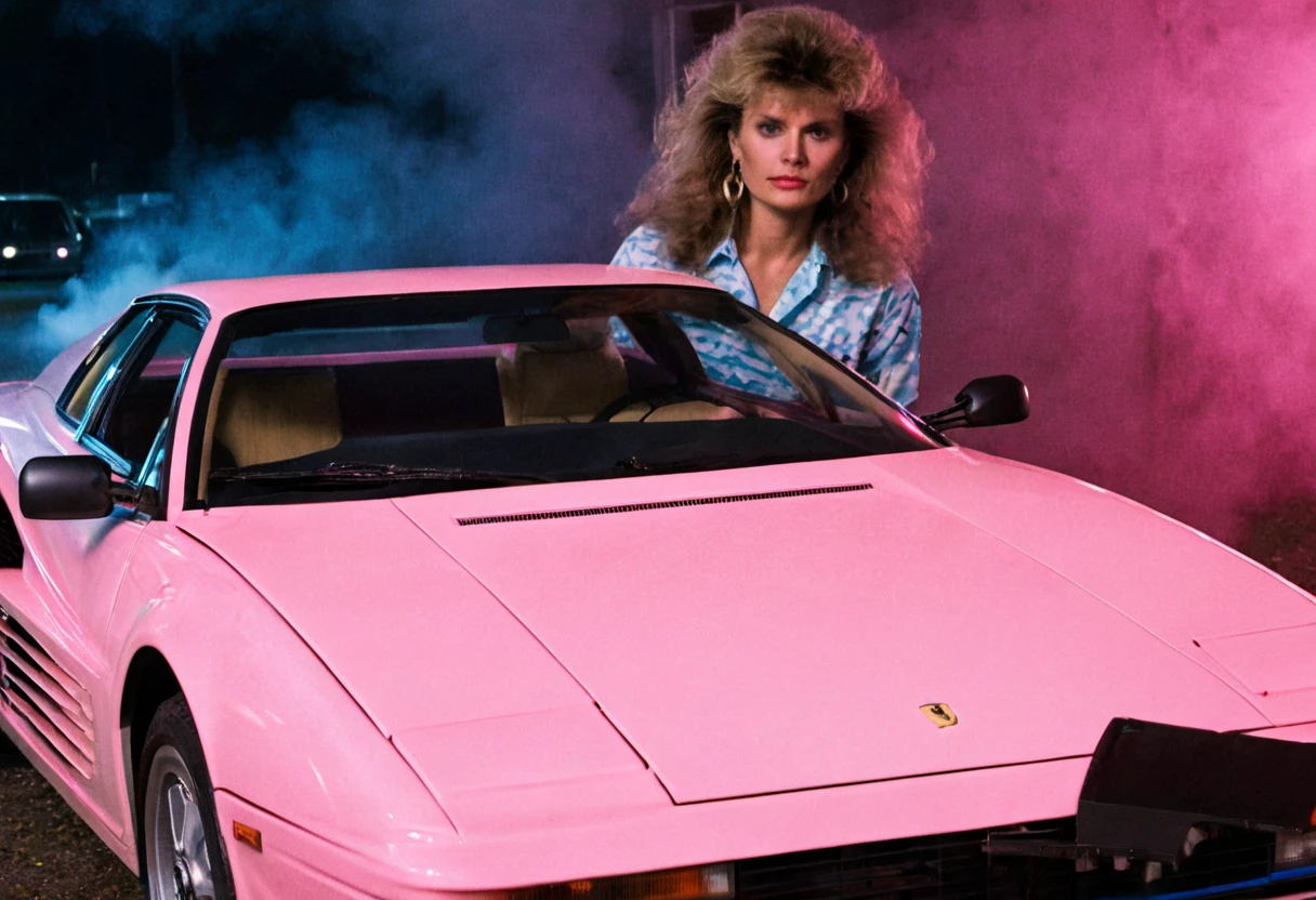 ClassicSportsCar, black '84 Ferrari Testarossa, front side view, (neon light), (pink light), (blue light), sidelight, beautiful 80s babe, standing next to car, poufy hair, big hair, geometric print shirt, neon shirt, closeup, steam, fog, backlight, film grain polaroid, legacy media, high contrast, 4K, highly detailed, (stylish grainy analog 35mm film photo)