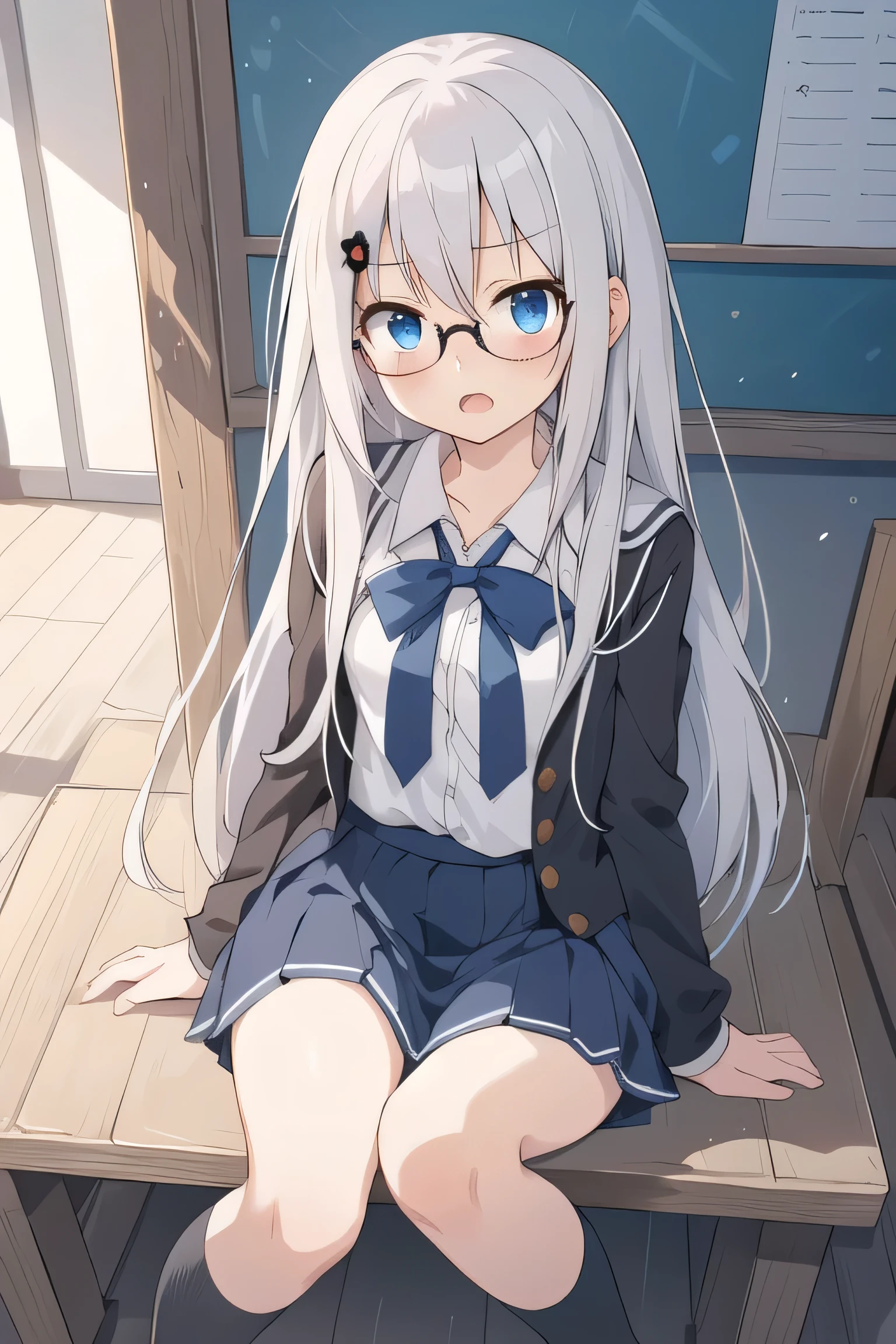 cute girl, anime, silver hair, straight hair, blue eyes, (young:1.3), (Small Bust :0.9), (cute:1.3), (middle bust:0.7), (cute girl:1.2), cowboy shot, cute, (slender:1.4), open mouth, shy, side shot, Glasses, cute, (o-face:1.1), Glare, o-face, sit down, white school uniform, dark blue skirt 