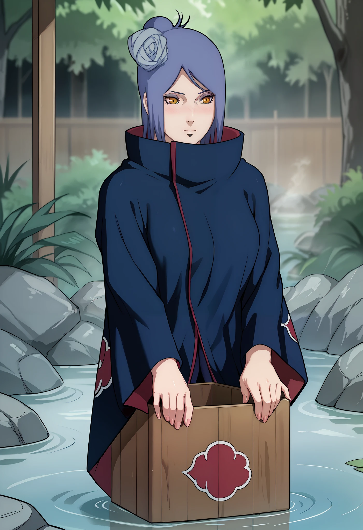  Konan hot spring to stand in front of a pond ,  about to remove your layer of Akatsuki.  blushed, Go to the .   She has her cape on and she's unbuttoning it, She's standing in front of the box . 