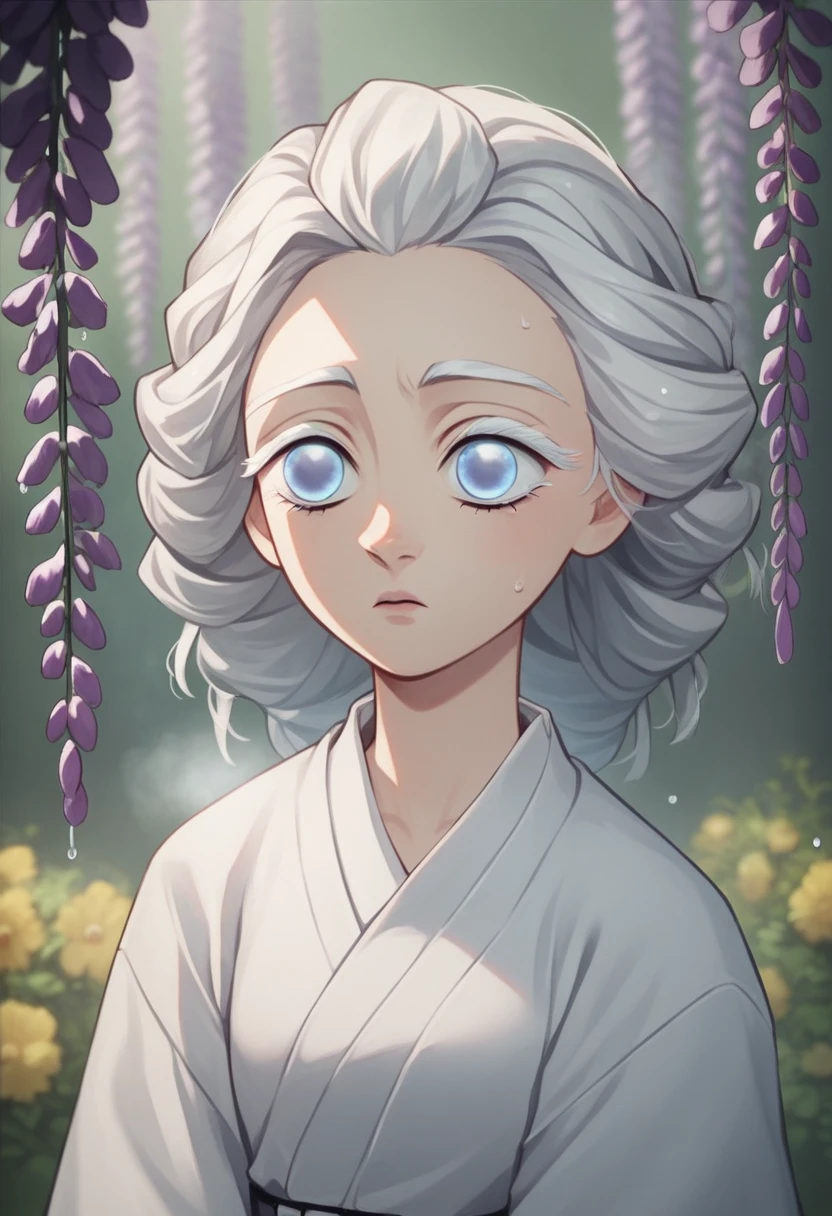 1 female, young , tuổi teen, white hair, short shoulder-length hair , tangled hair,  light blue eyes  (mù lòa), white eyelashes , white eyelashes , white eyelashes , white eyelashes , white eyelashes ,  flowers ,  Cold , secret, white kimono,  haori black outer coat, forest, Wisteria, ánh bình minh, high quality, kimetsu no yaiba style, upper body