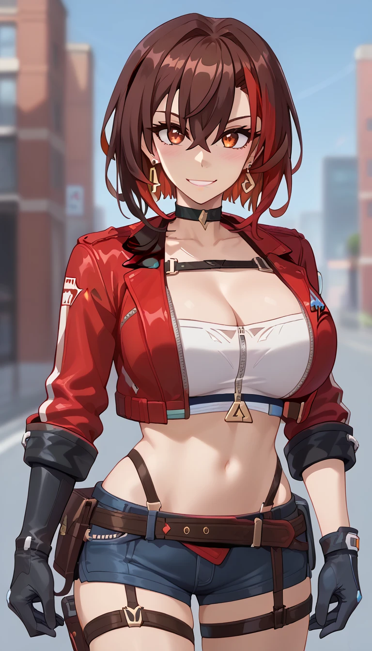 score_9,score_8_up,score_7_up,score_6_up BREAK official art,solo,outdoors,upper body,(portrait:1.5),looking at viewer,facing viewer,smile,blush,Ming,short hair,brown hair,streaked hair,colored inner hair,red hair,jewelry,earrings,hair between eyes,bangs,orange eyes,black choker,collarbone,cleavage,red jacket,cropped jacket,open jacket,midriff,tube top,zipper,long sleeves,black gloves,large breasts,stomach,navel,belt,denim shorts,short shorts,thigh strap,single thighhigh,black thighhighs,high heel boots,black footwear,