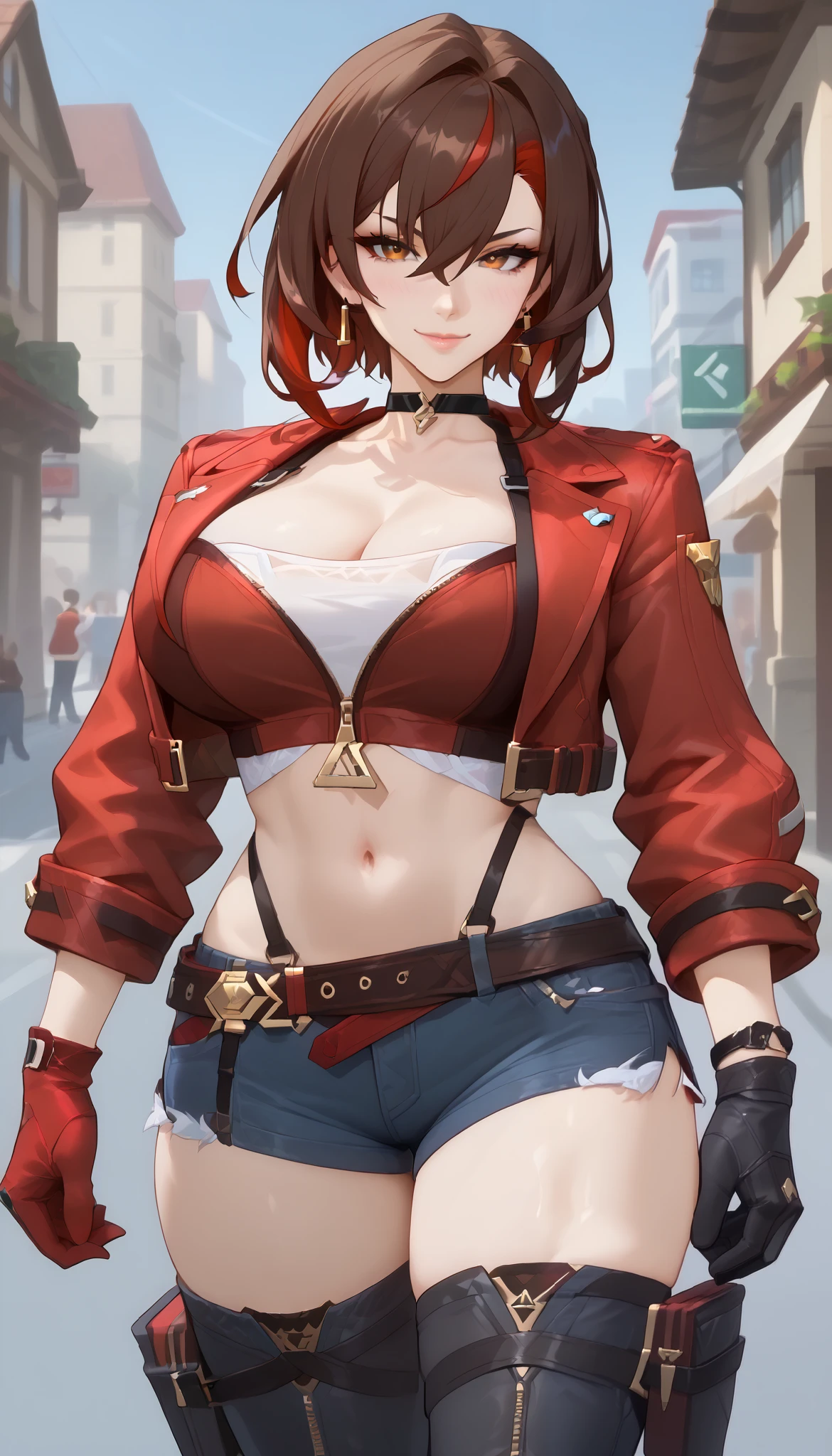 score_9,score_8_up,score_7_up,score_6_up BREAK official art,solo,outdoors,upper body,(portrait:1.5),looking at viewer,facing viewer,smile,blush,Ming,short hair,brown hair,streaked hair,colored inner hair,red hair,jewelry,earrings,hair between eyes,bangs,orange eyes,black choker,collarbone,cleavage,red jacket,cropped jacket,open jacket,midriff,tube top,zipper,long sleeves,black gloves,large breasts,stomach,navel,belt,denim shorts,short shorts,thigh strap,single thighhigh,black thighhighs,high heel boots,black footwear,