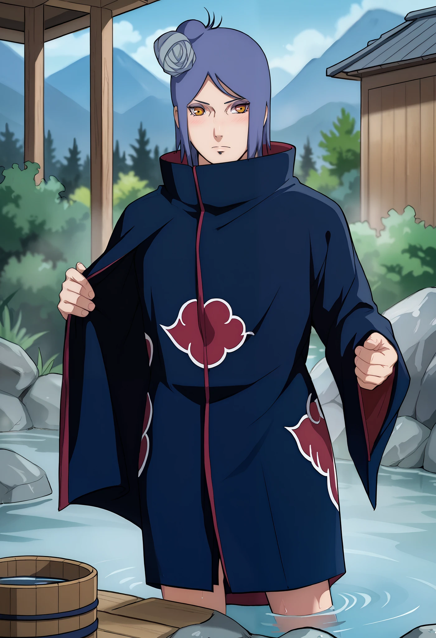  Konan hot spring to stand in front of a pond ,  about to remove your layer of Akatsuki.  blushed, Go to the .   He has his cape on and he is unbuttoning it, She's standing in front of the box .  Standing on the rocks of the hot springs , removing his layer . 