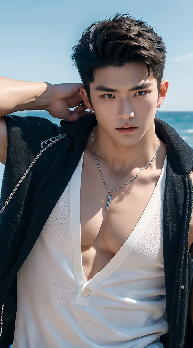 Handsome guy, 25 years old, master work, best picture quality, higher quality, high detail, super high resolution, 8k resolution, delicate facial features, boys, big muscles, tattoos, glowing eyes, short hair, hair details, , legs apart [[Look away, look to the side, emphasize homosexuality and pay attention to every detail , white tight transparent pants, open his white navy uniform, chest muscle and six pack, wearing white navy hat, luxury cruise ship, sea, blue sky, flying birds ((((crotch bulge))))) real photos