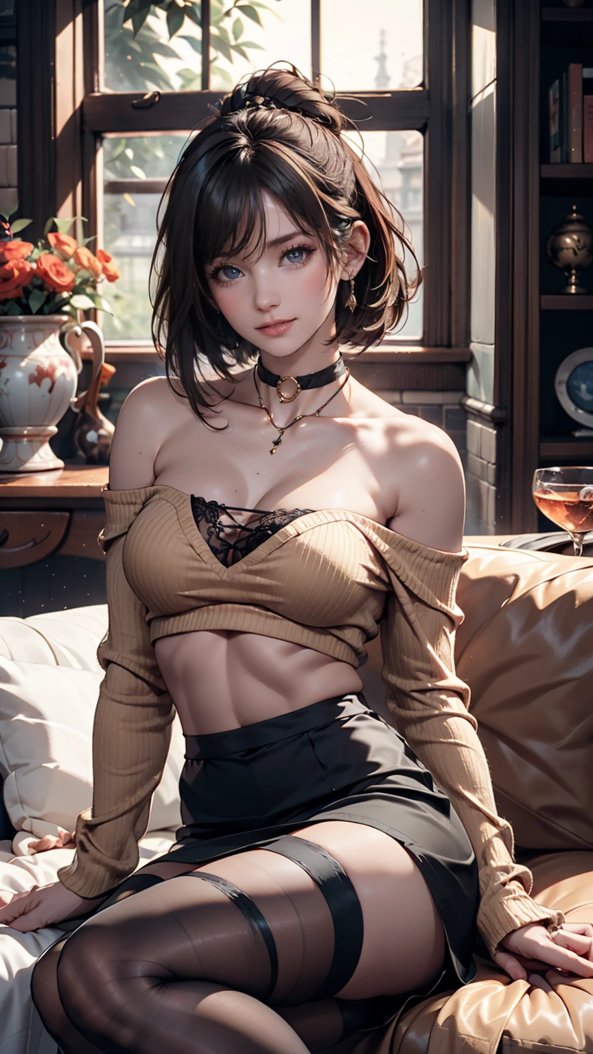 cute,  Girly 、 short hair、 sexy proportions that look particularly visible、 bewitching atmosphere 、 narrow waist、 Black Choker 、  off shoulder top with hidden wrists、 shoulder out、long sleeve 、 micro mini skirt、 stockings、Stiletto heels、smile、Living room at home、 sitting on the sofa 、