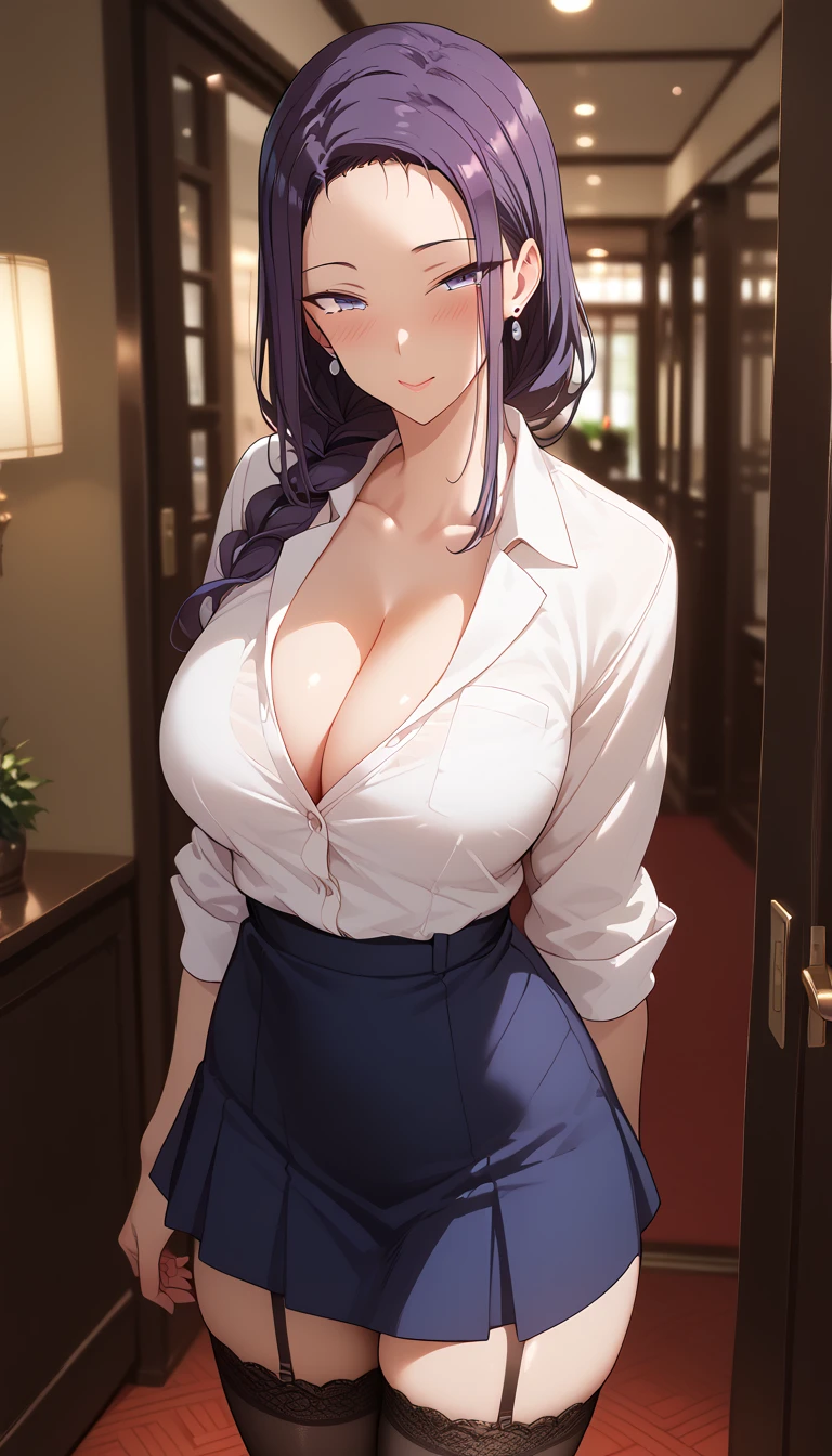 Score_9, Score_8_up, Score_7_up, Source_anime, anime art, anime style, very aesthetic, masterpiece, high quality, 1girl, tsubaki miyajima, saimin seishido, milf,  business shirt and skirt, stockings, cleavage, purple hair, long hair, nightclub, soft light, blushing, full shot, thin waist