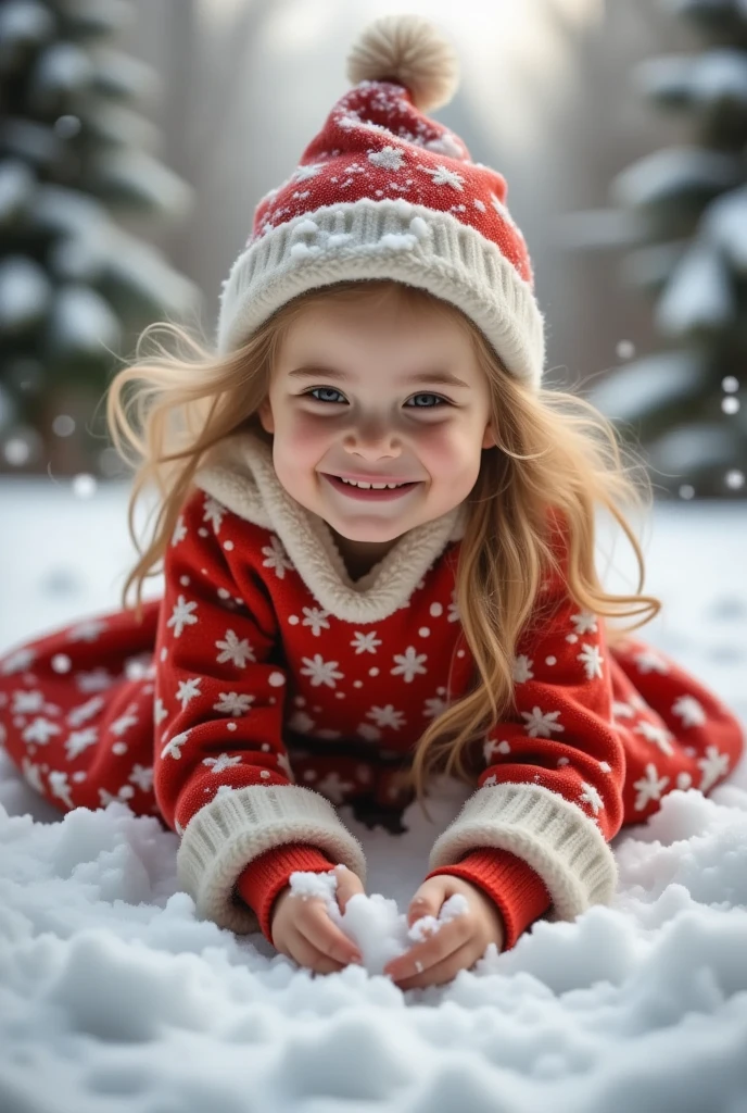 a girl in the snow, Christmas dress, happy, digging in the snow, detailed eyes and face, detailed lips, long eyelashes, portrait, winter landscape, snow, snowflakes, holiday, festive, warm colors, studio lighting, photorealistic, 8k, highly detailed, masterpiece