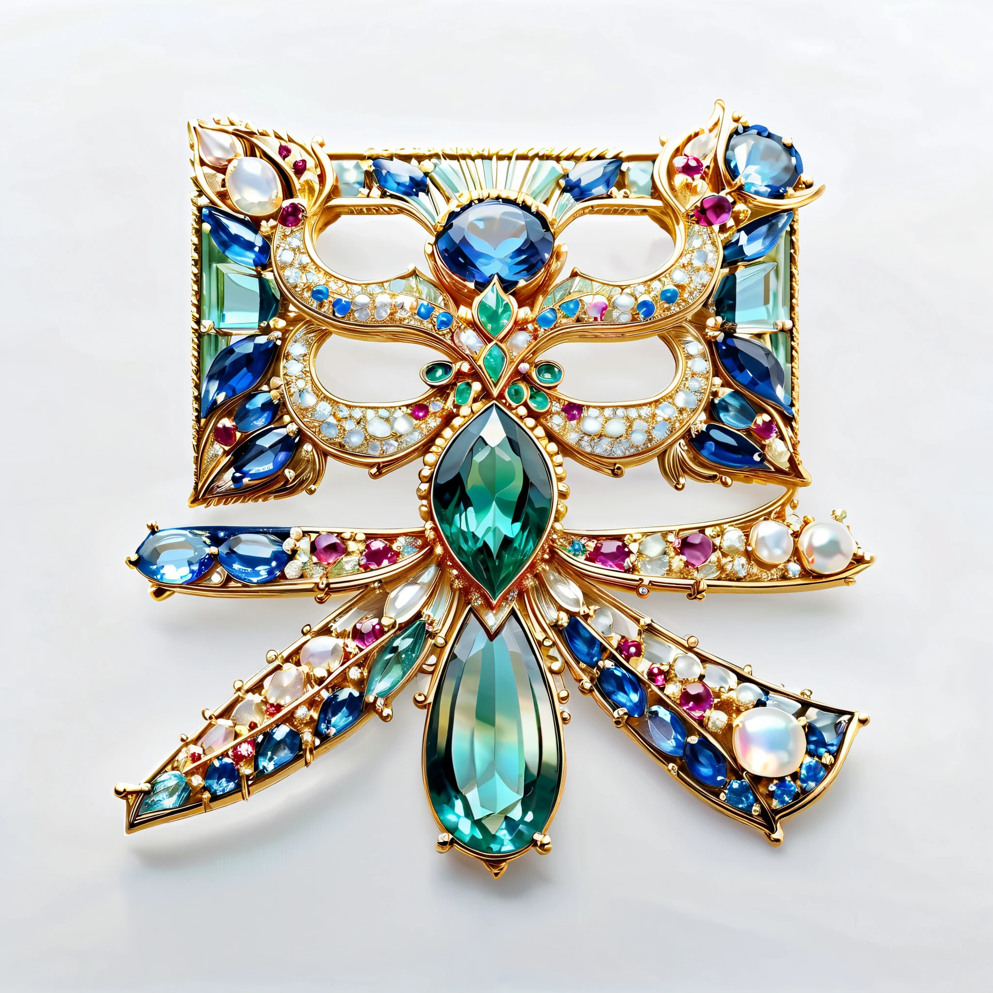 masterpiece. Exquisite brooch ， depicts a Malagasy tourmaline phoenix， precious stones adorning high jewellery . Exquisite craftsmanship.  high quality. Excellent refinement. (( super detailed)).  on the table decoration ， and scattered some mother-of-pearl , opal, ruby. lapis lazuli. masterpiece hors norme. majestic and true.  Super Realistic .. ((  white background ))