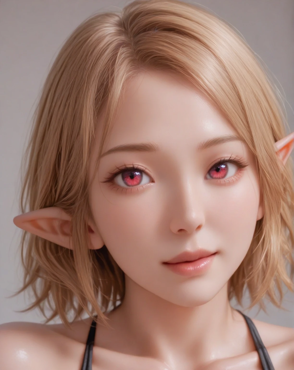 ultra-detailed, full-length, 1girl:1.4, solo, elf, elf ears, (beautiful face), portrait:1.43, (focusing on face), detailed eyes, (Ideal body proportions), ((Composition from head to thigh)), black bikini suit, Drenched shortcut blond hair, (scarlet clear red eyes, tsurime), The erection, Carmelto, Sexy body, grin smile, short-hair, blond hair with burgundy tips of hair, burgundy ends of hair, shiny skin, oiled skin, slenderness, Small buttocks, Beautiful legs, Skinny Legs, One-person viewpoint, masterpiece, ((Anatomically correct)), (portrait:1.4), (((close-up))), (focusing on eyes)