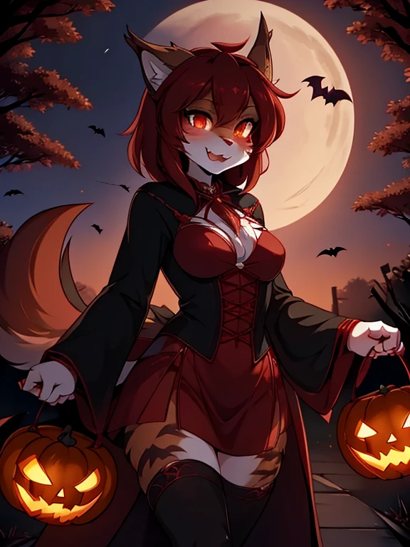  anthropomorphic fluffy lynx girl, ( dressed as a vampire ), halloween, (Night),   red hair,hands in bandages, в баре в стиле halloween,  anime-style lantern, 