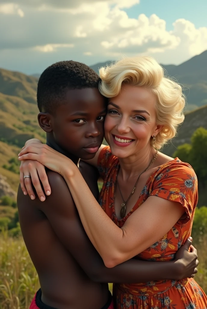 A photorealistic image of Marilyn Monroe with little and cute black baby in her arms, blessed and inspiring look, cinematic lights.