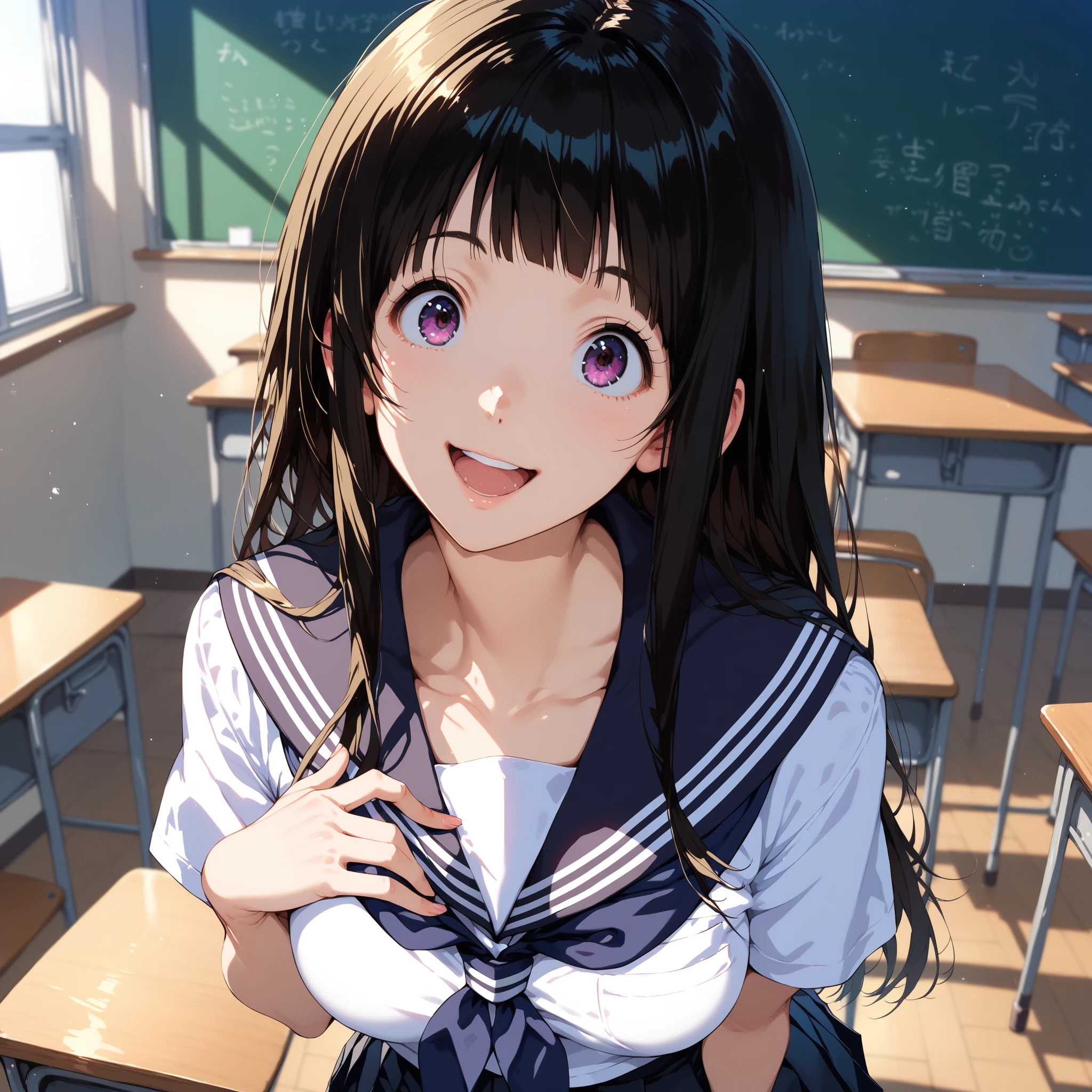 score_9, score_8_up,  score_7_up, score_6_up, score_Anime, break,
ceiiai chitanda eru , the above,  head tilt ,  long hair, 
 1 girl, Alone,  black hair, smile,  blunt bangs, close up, 
 school uniform, Sera Clothing, kamiyama high  school uniform (Hyouka),   sailor color, black   sailor color,  shirt, white  shirt,  skirt , black  skirt , pleated  skirt ,  dark blue neckerchief, Short sleeve, white sleeve ,
upper body, hands on own chest,  open your mouth wide,  wide-open eyes, 
classroom,
