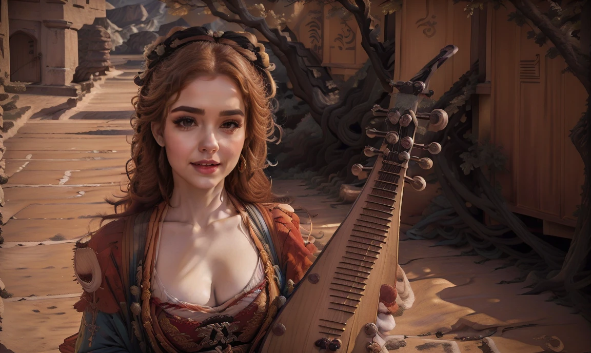 fantasy, realistic. close up. ((bright color palette:1.5)). ((red-haired:1.5)), ((one classy stunning gorgeous female high-class bard:1.5)), ((light brown eyes:1.5)), ((happy smiling beautiful expression:1.5)), wearing expensive feminine clothing, holding a lute, ((looking straight at the camera:1.5)), colorful village background.