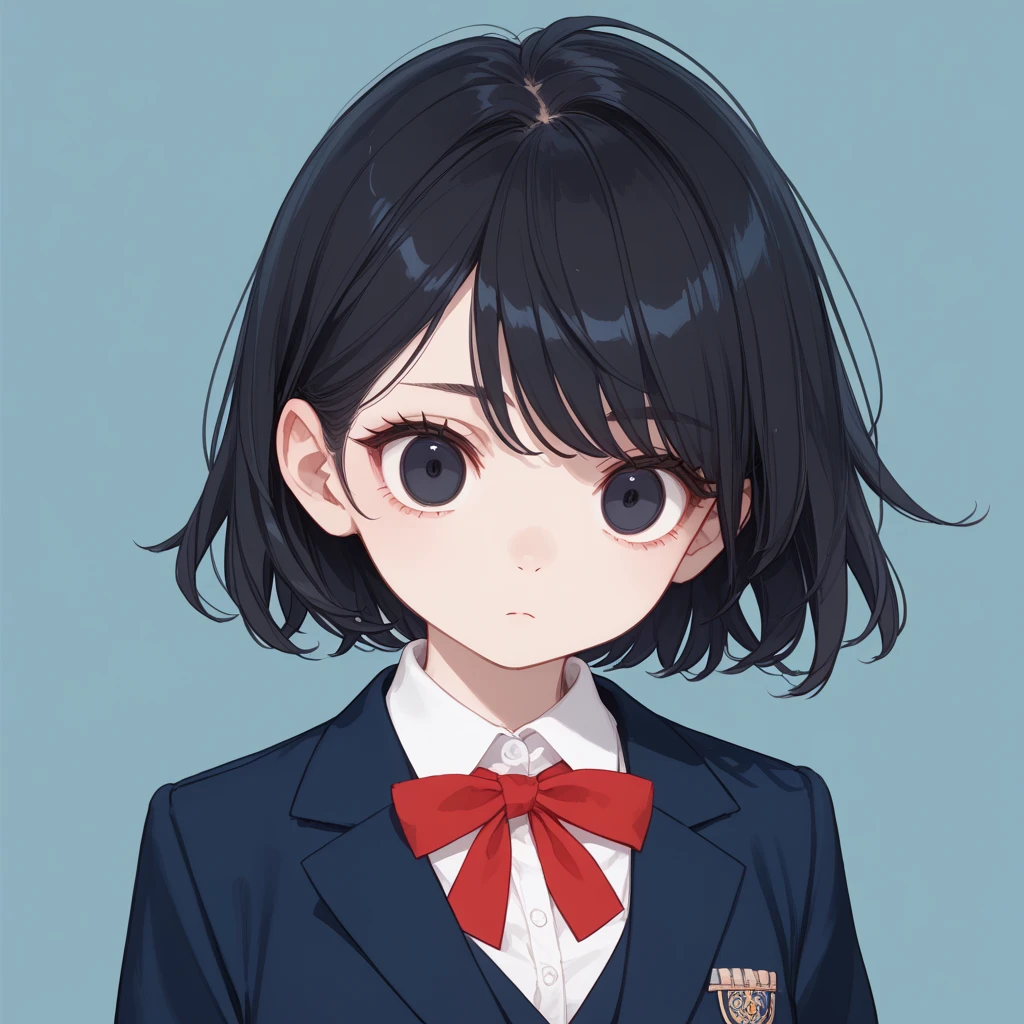   top quality, (15yo:1.0),  black hair, bright hair, medium wolf cut hair, swept bangs, school uniform, Unbreakable fingers,  top qualityの指, empty eyes, expressionless, Dark Eyes,  blazer, Navy blue clothes,  Red Ribbons , ish, Round eyes, School, absentmindedness, wide-eyed,