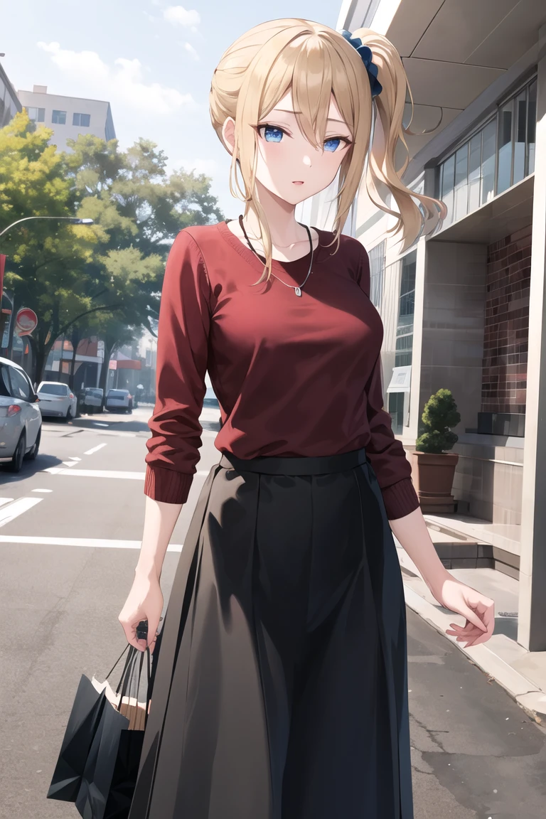 masterpiece, best quality, highres, aahayasaka, side ponytail, medium breasts, necklace, 
brown long maxi skirt, deep red Crew neck sweater,sweater tucked out,
outdoors, shopping

