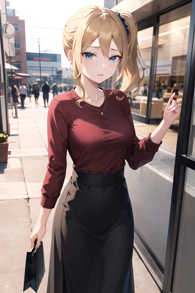 masterpiece, best quality, highres, aahayasaka, side ponytail, medium breasts, necklace, 
brown long maxi skirt, deep red Crew neck sweater,sweater tucked out,
outdoors, shopping

