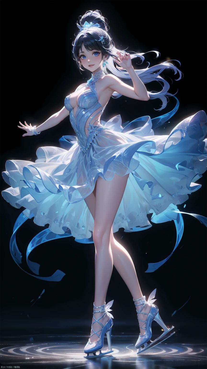 masterpiece, best quality, distinct image, 1 girl, 16 year old teenager, elegant and royal style ruffled dress, solo. soft facial features, symmetrical shaped face, cherry red lip, alabaster white skin, sky blue eyes-colored eyes, tall height(185cm), slender yet thick, bright ocean blue hair, flowing long hairstyle, long and slender legs, curvy wide hips stretching the dress, full body image, shy and cute expression