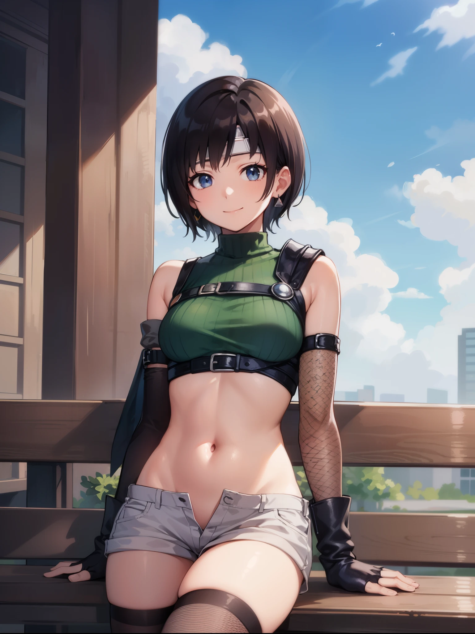 masterpiece, best quality, integrated scenery, integrated background, extremely delicate and beautiful, meticulous details, good composition, , cute face, perfect face, perfect hands, best quality, pyra, 1young__girl, armor, bangs, yuffiekisaragi, Yuffie Kisaragi,Haircuts, pixie cut,
BLAKE crop top, fingerless gloves, fishnet Thighhighs, fishnet, forehead protector, gloves, head band, belly button, short shorts, shorts, single sleeve, single thigh high, No sleeve, No sleeve turtleneck, Thighhighs, turtleneck,
bench、blue sky、smile, solo。nihil,knee