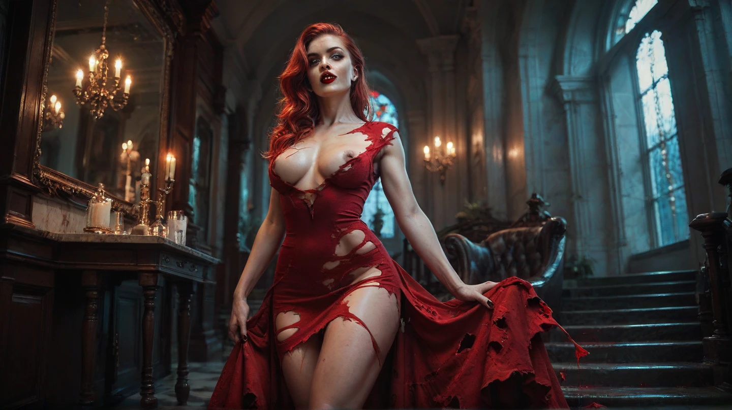 girl with big boobs ,height 160cm ,Vampire,red lips , a drop of blood flowing from the chest,in a red ripped dress,