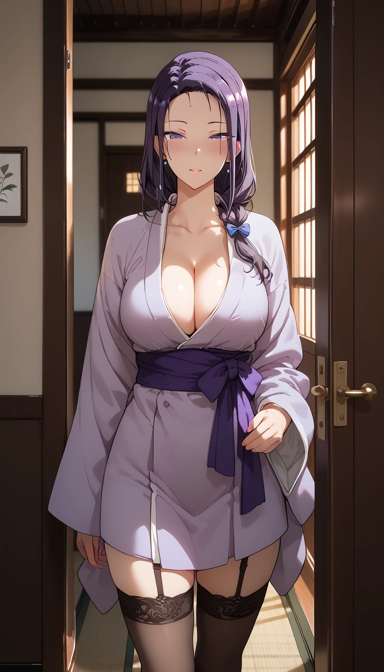 Score_9, Score_8_up, Score_7_up, Source_anime, anime art, anime style, very aesthetic, masterpiece, high quality, 1girl, tsubaki miyajima, saimin seishido, milf, kimono, stockings, cleavage, purple hair, long hair, Japanese home, soft light, blushing, full shot, opening the door for me