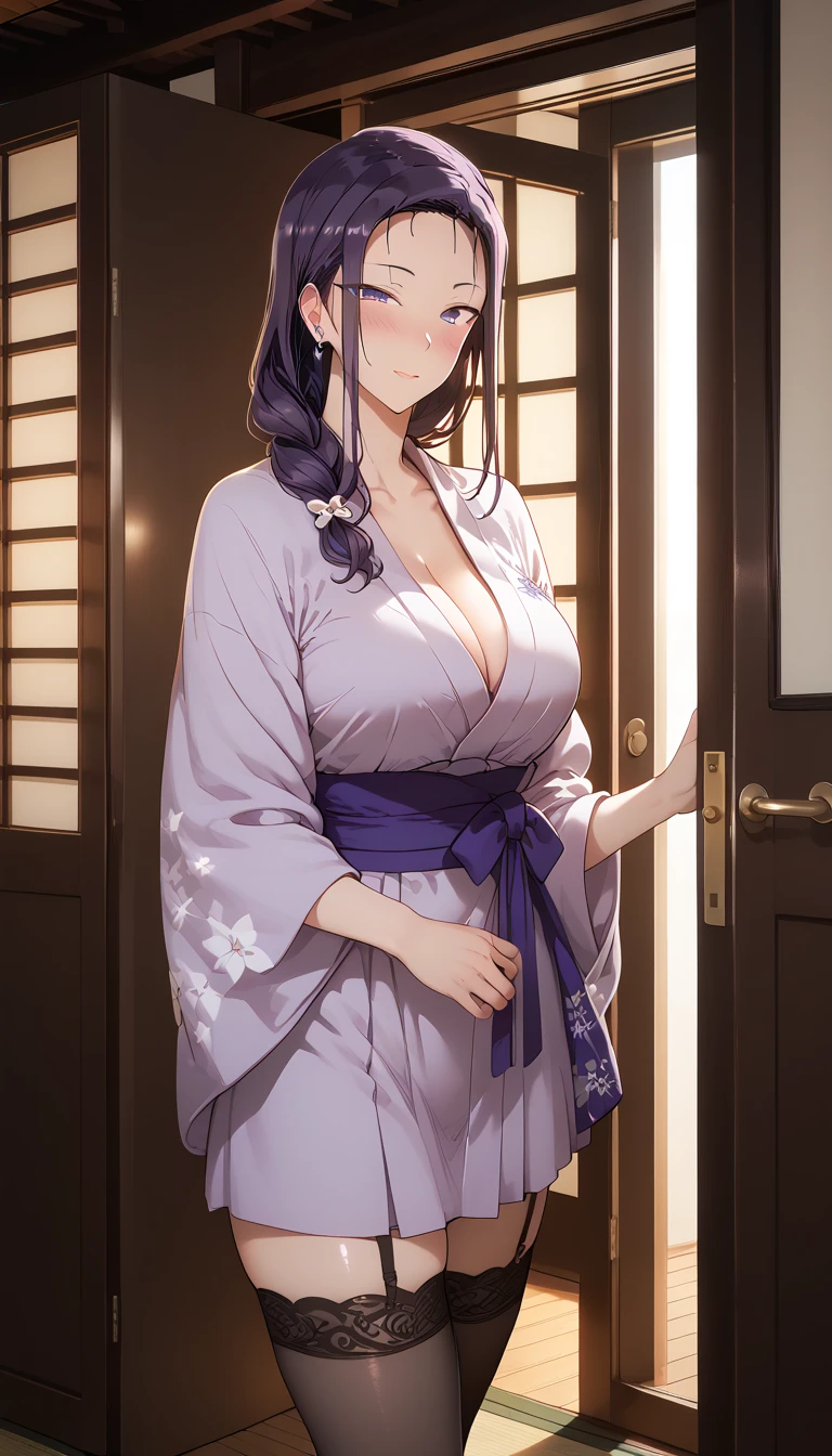 Score_9, Score_8_up, Score_7_up, Source_anime, anime art, anime style, very aesthetic, masterpiece, high quality, 1girl, tsubaki miyajima, saimin seishido, milf, kimono, stockings, cleavage, purple hair, long hair, Japanese home, soft light, blushing, full shot, opening the door for me