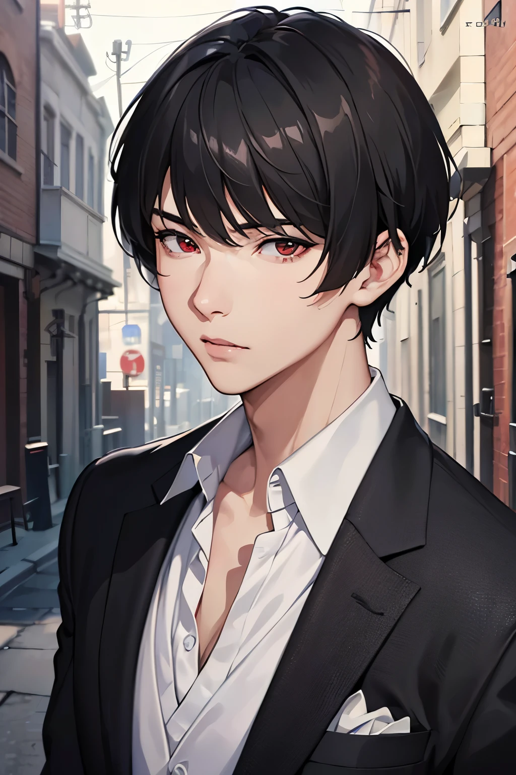 masterpiece, best quality, 1boy, red eyes, black hair, short hair, black suit, alleyway, mature, suit, sharp eyes, confident, detailed eyes, realistic face, realistic eyes, detailed facial features, realistic and high resolution (best quality, 4k, 8k, highres, masterpiece:1.2)