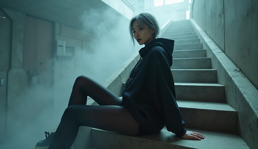 (nsfw:1.3), masterpiece, Best Quality, hyper Realistic, A mysterious and sophisticated beautiful young gravure Japanese woman with blue eyes wears futuristic and sexy fashion art. sitting back shot, focus ass, from below, Detailed clothing, woman is climbing at a wide angle, with her full body in frame. large Butt, sexy large breasts, slim waist, Her outfit includes see-through BLACK micro under wear with see-through BLACK over sized sweat, adding a minimalist beauty. She accessorizes with futuristic accessories and wears technical sneakers. Her demeanor exudes harmony and striking simplicity, The wear hugs her body tightly, accentuating her curves and digging sensuously into her skin, hyper small head and face, wide and big Duck mouth, half open mouth, perfectly aligned teeth, perfect beautiful wide teeth, Detailed eyes, light blue eyes, half open eyes, shiny Droopy eyes, gray hair, looking other, She is situated within the interior of a futuristic colony, with mist drifting and steam rising from concrete