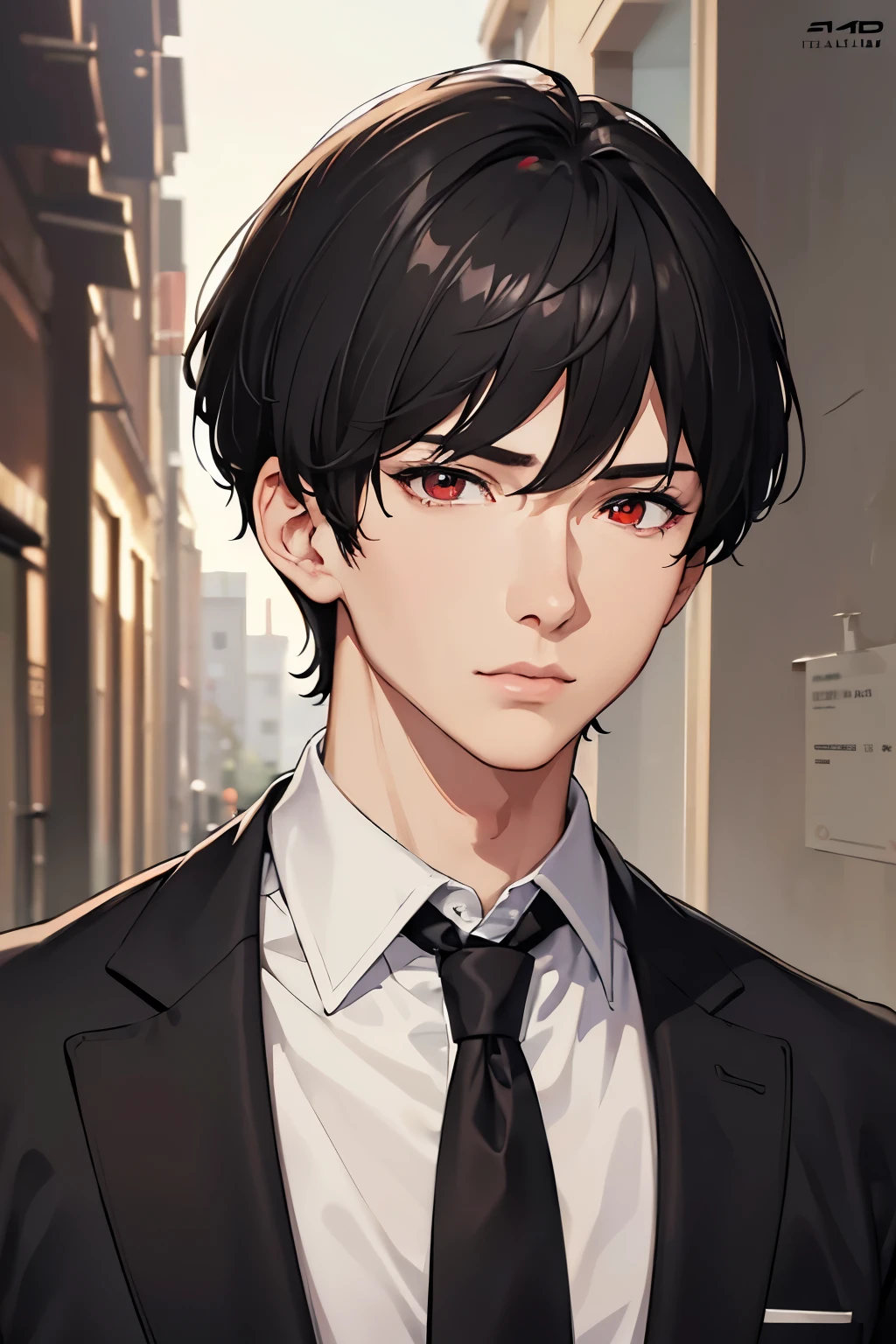 masterpiece, best quality, 1boy, red eyes, black hair, short hair, black suit, mature, suit, sharp eyes, confident, mature, masculine, detailed eyes, realistic face, realistic eyes, upper body, closed up detailed facial features, realistic and high resolution (best quality, 4k, 8k, highres, masterpiece:1.2)