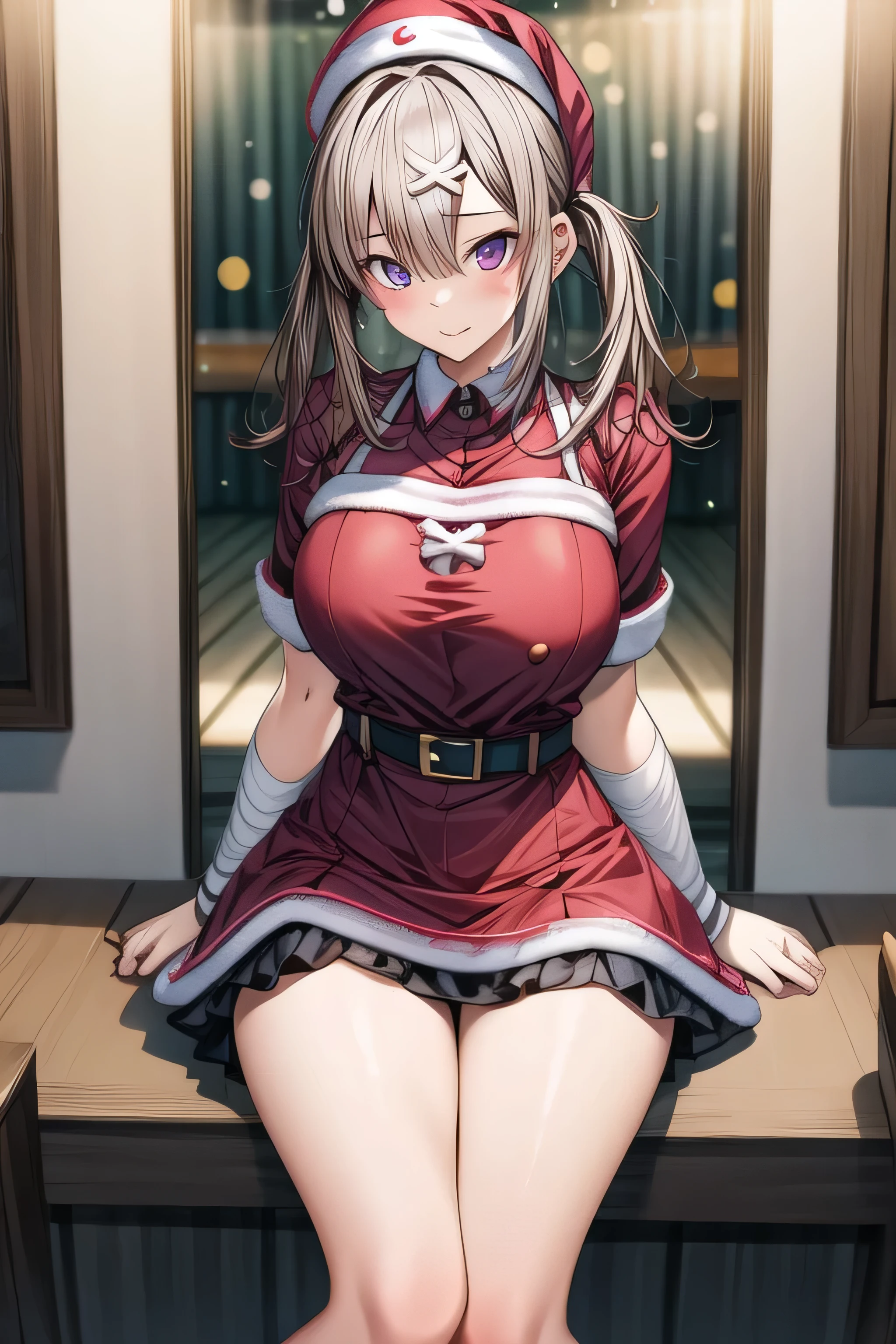 masterpiece, 1 girl, 18 years old, Alone , Santa, whole body,  cosplay, miniskirt, Fluffy, 