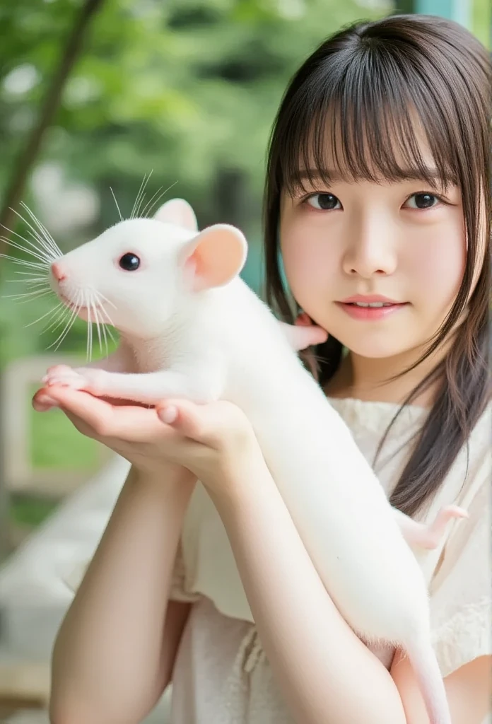 A cheerful real girl stands with her whole body 、 holding a giant white live mouse in her hands.   High Quality .   realistic pictures. abnormal