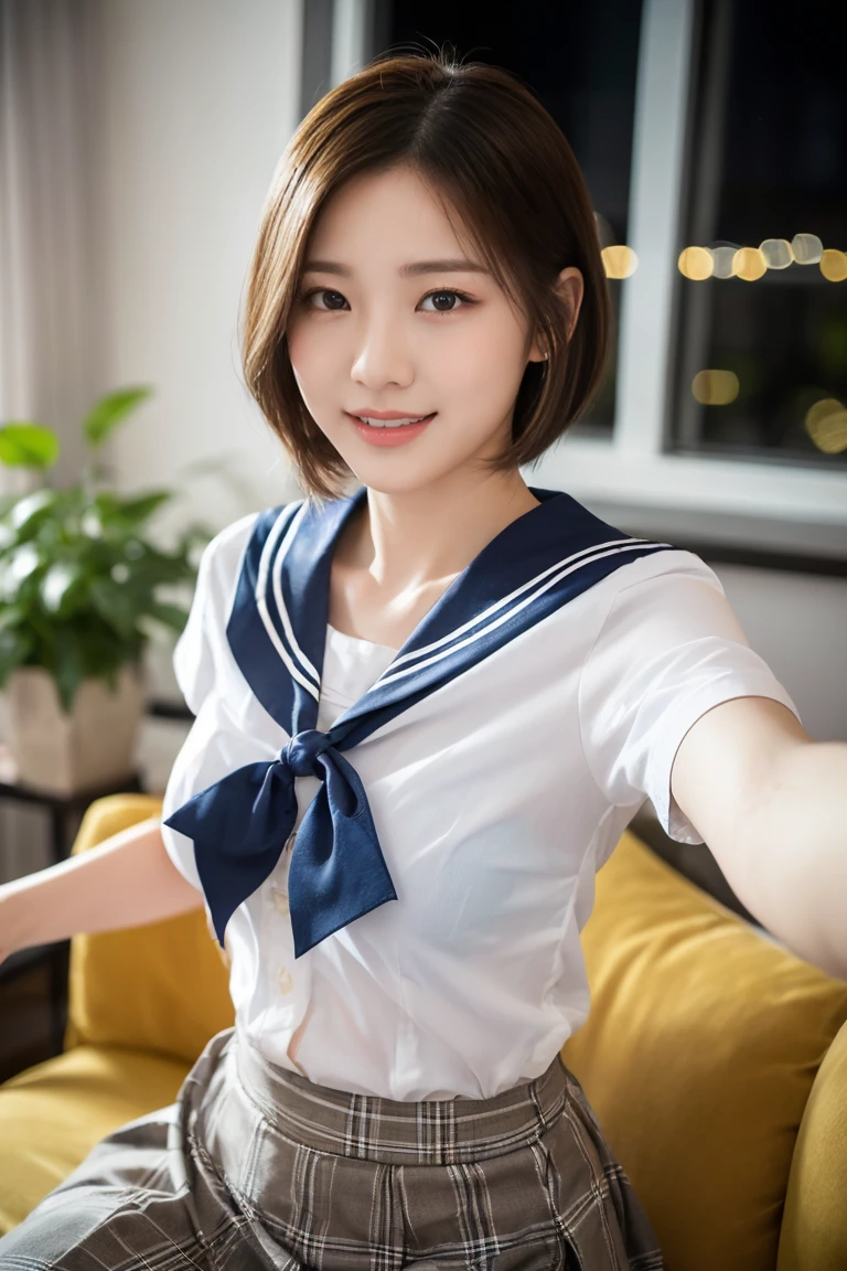 (A stunning Japanese-Korean lady, sitting comfortably in living room at night, natural pose, wearing a traditional Serafuku, Seifuku, tight white shirt, white blouse button-down, translucent short-sleeve, blue plaid skirt, form-fitting pleated skirt, red ribbon bow tie, sailor collar, youthful charms, smooth complexion, beautiful detailed face, beautiful detailed eyes and lips, long eyelashes, slender figure, perfect body proportion, friendly expression, snaggletooth, cute dimples, kind smile, short hair, short layered hair, side ponytail, Bob hair, Curved in Blunt Bob, Asymmetrical Bob, confident & poised demeanor, Looking at viewer, 

Blurred background, Bokeh effect, ultra-detailed,
(best quality, 4k, 8k, high-resolution), 
(masterpiece:1.28), award-winning,
(realistic, photorealistic, photo-realistic:1.37),
HDR, UHD, studio lighting, ultra-fine painting,
sharp focus, physically-based rendering, extreme detail description, professional photography, vivid colors, SFW, Safe for Work, Cowboy Shot, Close-up Shot, High Angle Shot, Selfie, Selca)