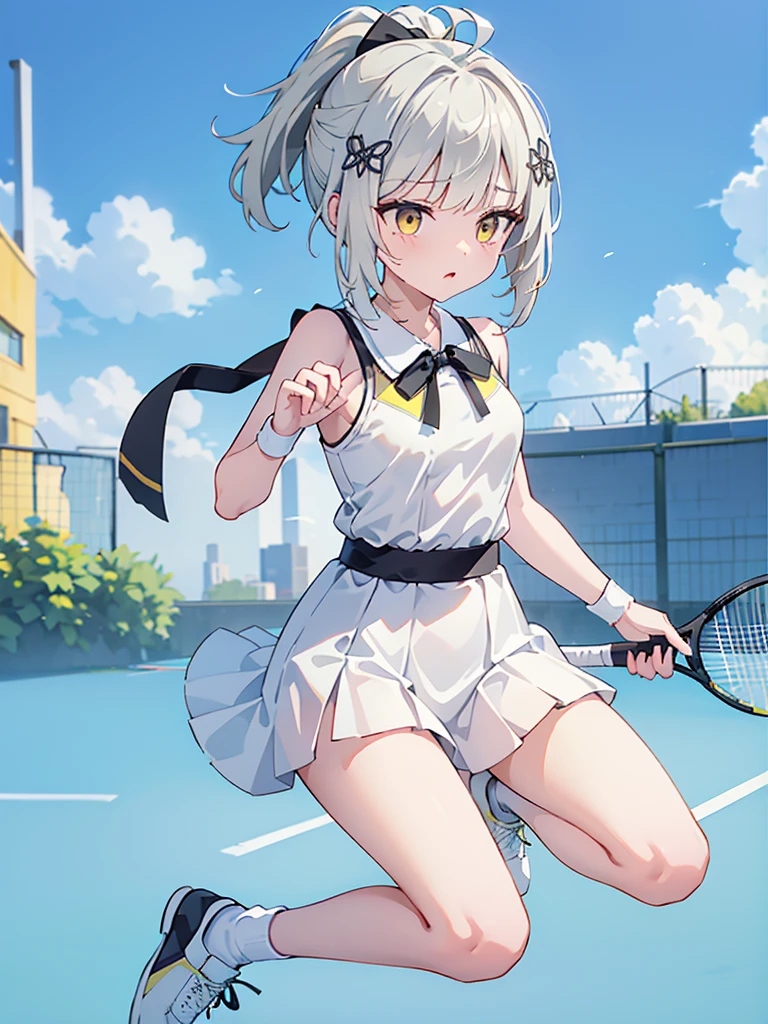 (One middle school girl)、scene_ Arknights、 , hair_ ornament, short_hair、(( ponytail tied with black ribbon))、yellow_eye,8k、,8k、 top quality, masterpiece,  high definition , UHD、Alone, super detail、 Perfect Anatomy、Full body painting、 tennis court in white、 it's falling、Painful expression、( white tennis wear:1.2)、 white sneakers 、（white panties:1.5）