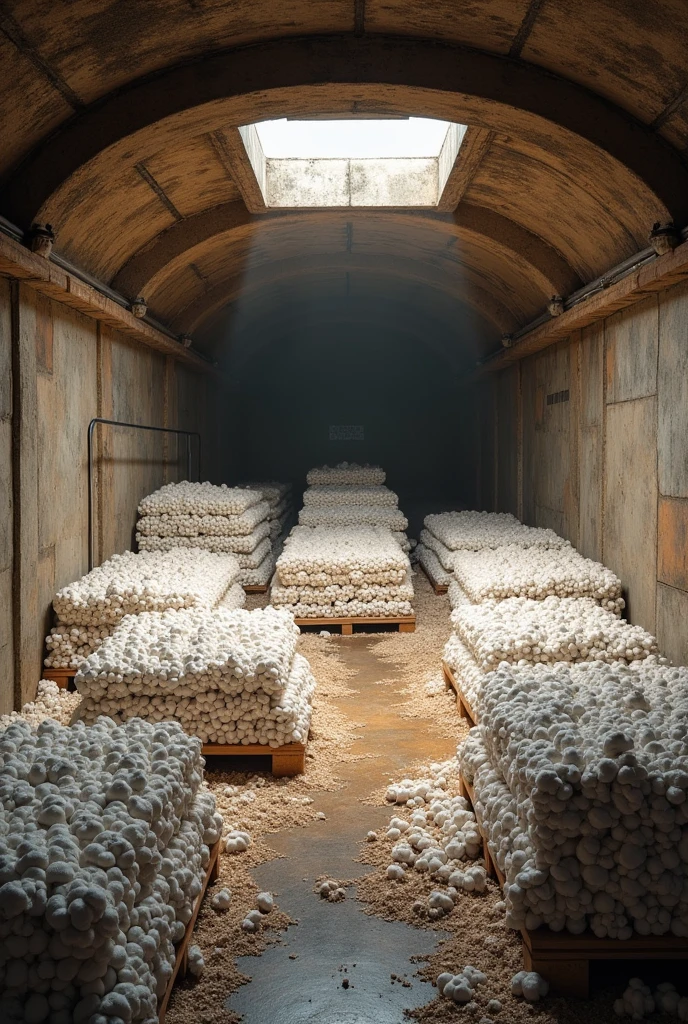 Create an image of an underground shed designed to store cotton, with cotton piles stacked on iron pallets . The shed must have a sturdy structure , with good ventilation and natural lighting , and the environment must convey a sense of organization and efficiency .