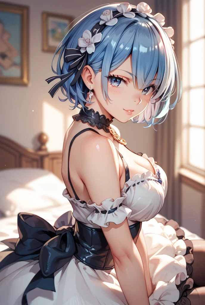 A woman, sexy, white skin, short hair, blue hair, blue eyes, maid clothes dress, black pantyhose