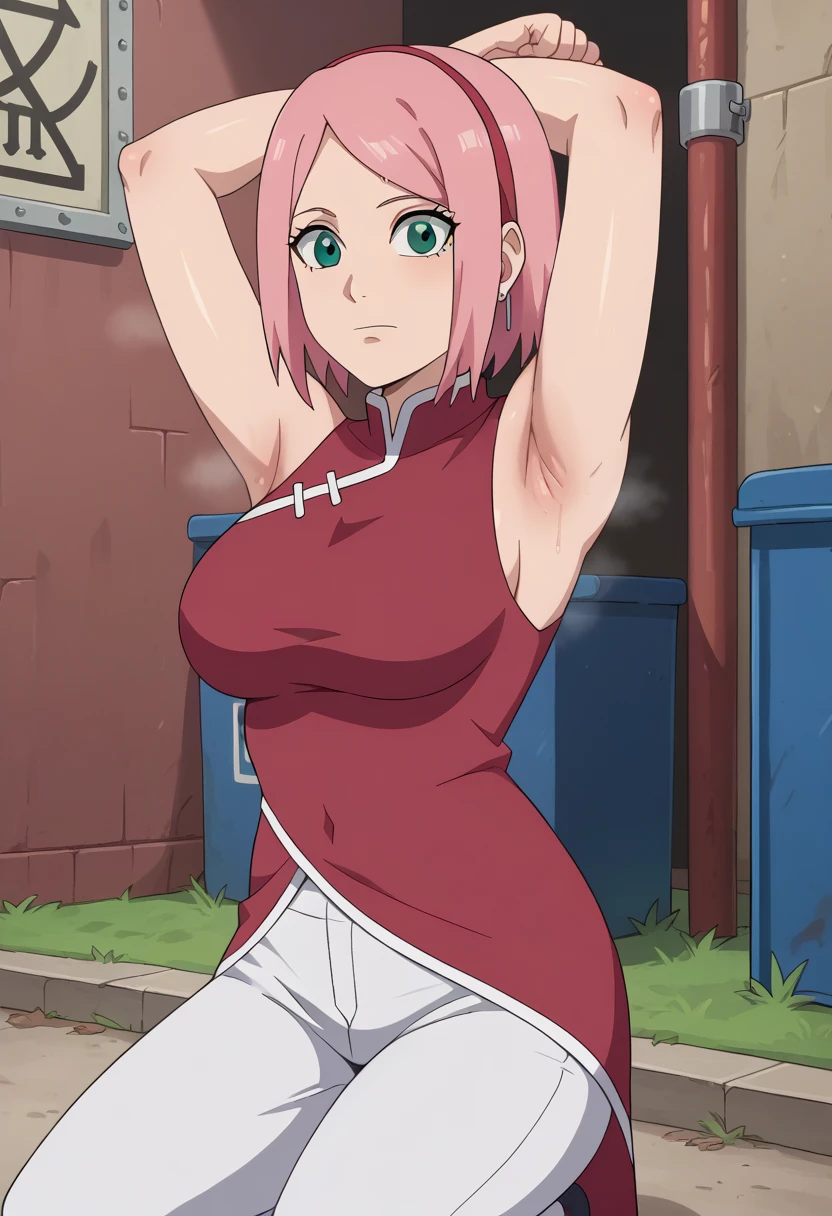 score_9, score_8_アップ, score_7_アップ, ソース_أنيمي, أنيمي screencap,,nsfw,haruno sakura,sakura,green eyes ,pink hair, short hair,, red sleeveless dress, navel, large breasts, white pants,In a dimly lit alley ,Armpit,Armpit wrinkles,Armpit smell,Armpit juice,Arms up,Stretch,pubic hair,under hair,squat down, 