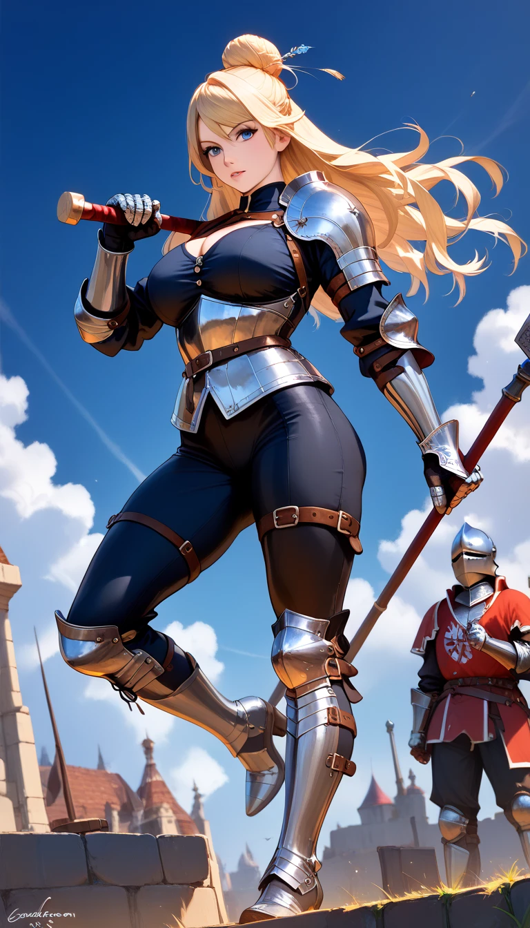 (sfw), masterpiece, Best Quality, High resolution, detail hands, detail fingers, detail face, detail leg, perfect lighting, Glossy skin, (1girl, detail girl, 20 years old girl), (blonde hair, long hair, hair bun, blue eyes, large breast), (2 meters tall, muscular:1.5), (gambeson, Cuisses, leather boots, gauntlets), (with hammer), (fantasy, knight, battlefield), (dynamic angle, dynamic pose, whole body)