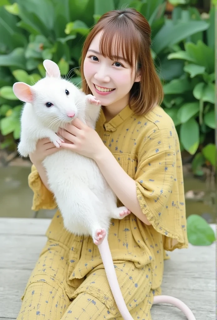 A cheerful real girl stands with her whole body 、 holding a giant white live mouse in her hands.   High Quality .   realistic pictures. abnormal