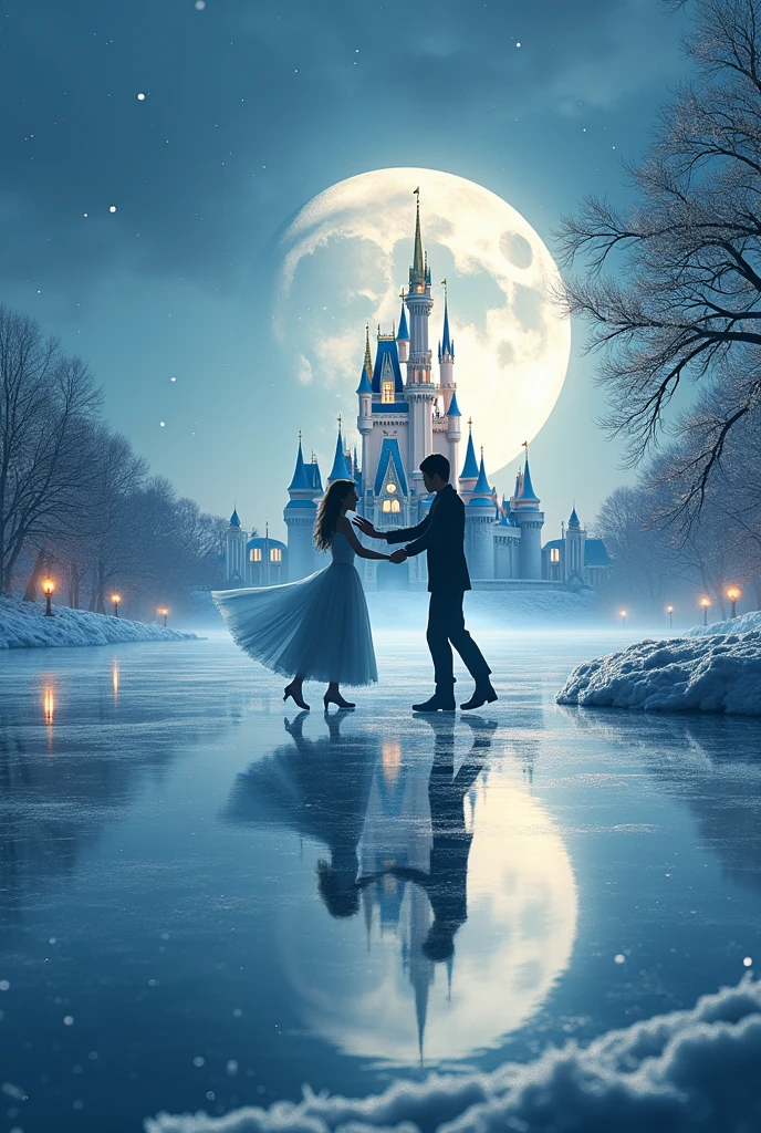 (8k, Highest quality, masterpiece)，Double Exposure, (silhouette), ice skating, (, A tranquil frozen lake, a man and a woman ice dancing,, ), The wind blows the dress and the skirt spreads out., Moonlit Night, Cinderella Castle, Outdoor, 
Shooting stars, twinkling starry sky, sparkling ice crystals, many snowflakes