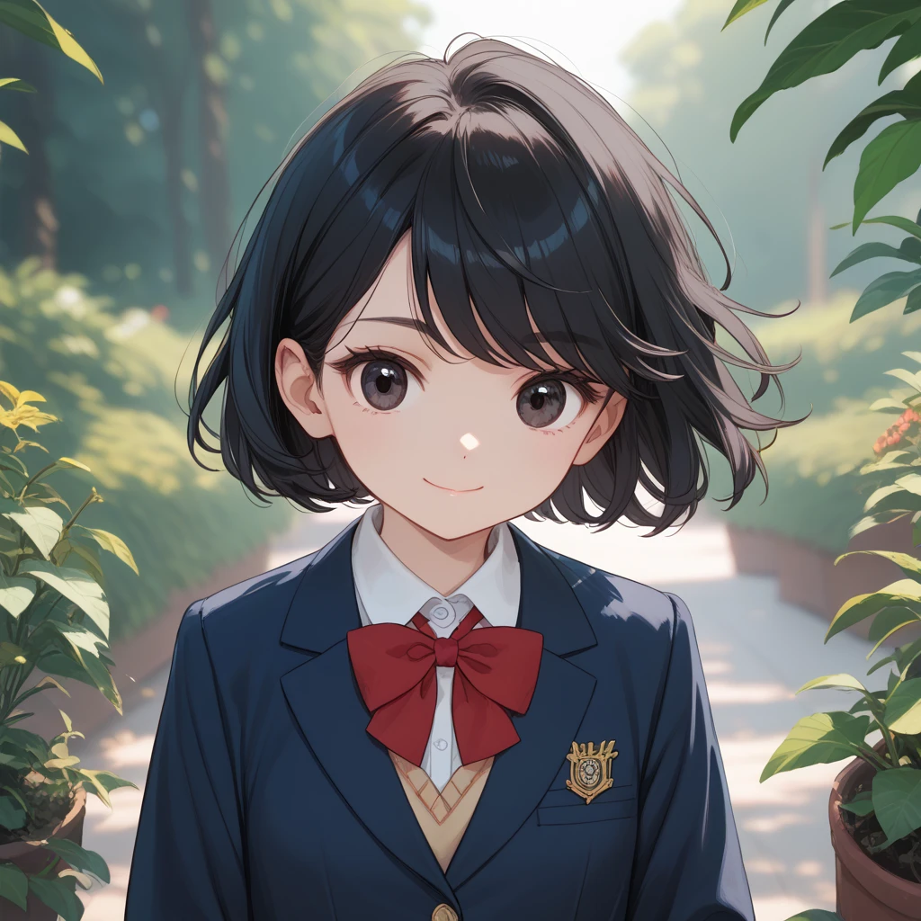   top quality, (15yo:1.0),  black hair, bright hair, medium wolf cut hair, swept bangs, school uniform, Unbreakable fingers,  top qualityの指, smile,  closed mouth, Dark Eyes,  blazer, Navy blue clothes,  Red Ribbons , ish, Round eyes, School,