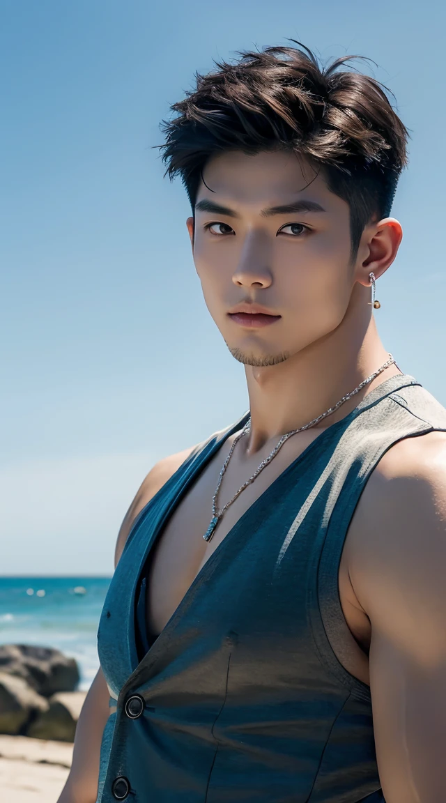 Japanese male male model, big muscles, handsome, pierced ears, necklace, wearing a thin tank top, portrait photography, photoshoot, dynamic pose, summer, sea, sunny