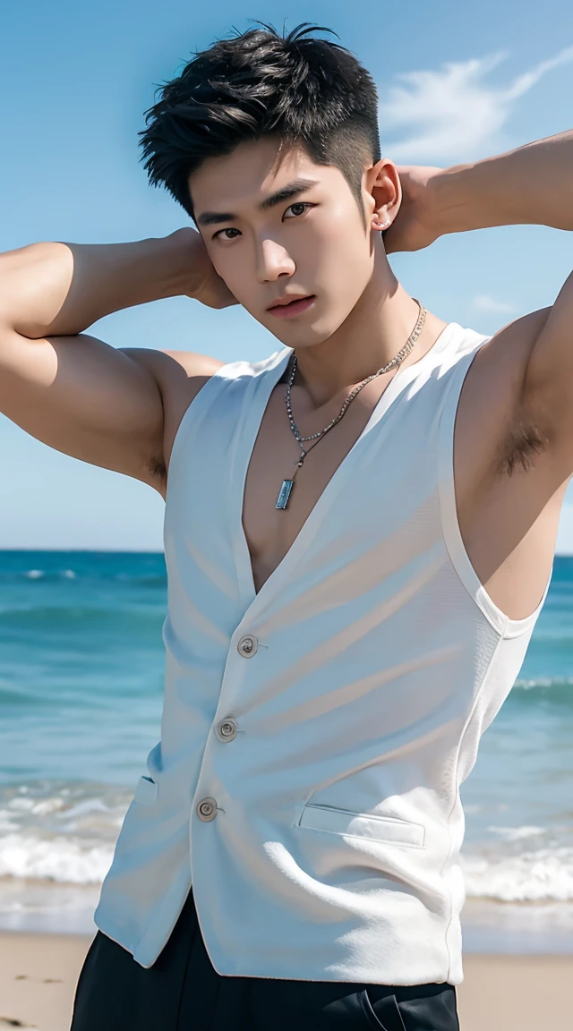 (masterpiece: 1.3), (Best Quality: 1.2), 8k, absurdities, (extremely detailed: 1.3), Highestres, (1boy: 1.2), portrait,
,((( white bikini))), short black hair, very short hair, green eyes, pale, baggy eyes, beach