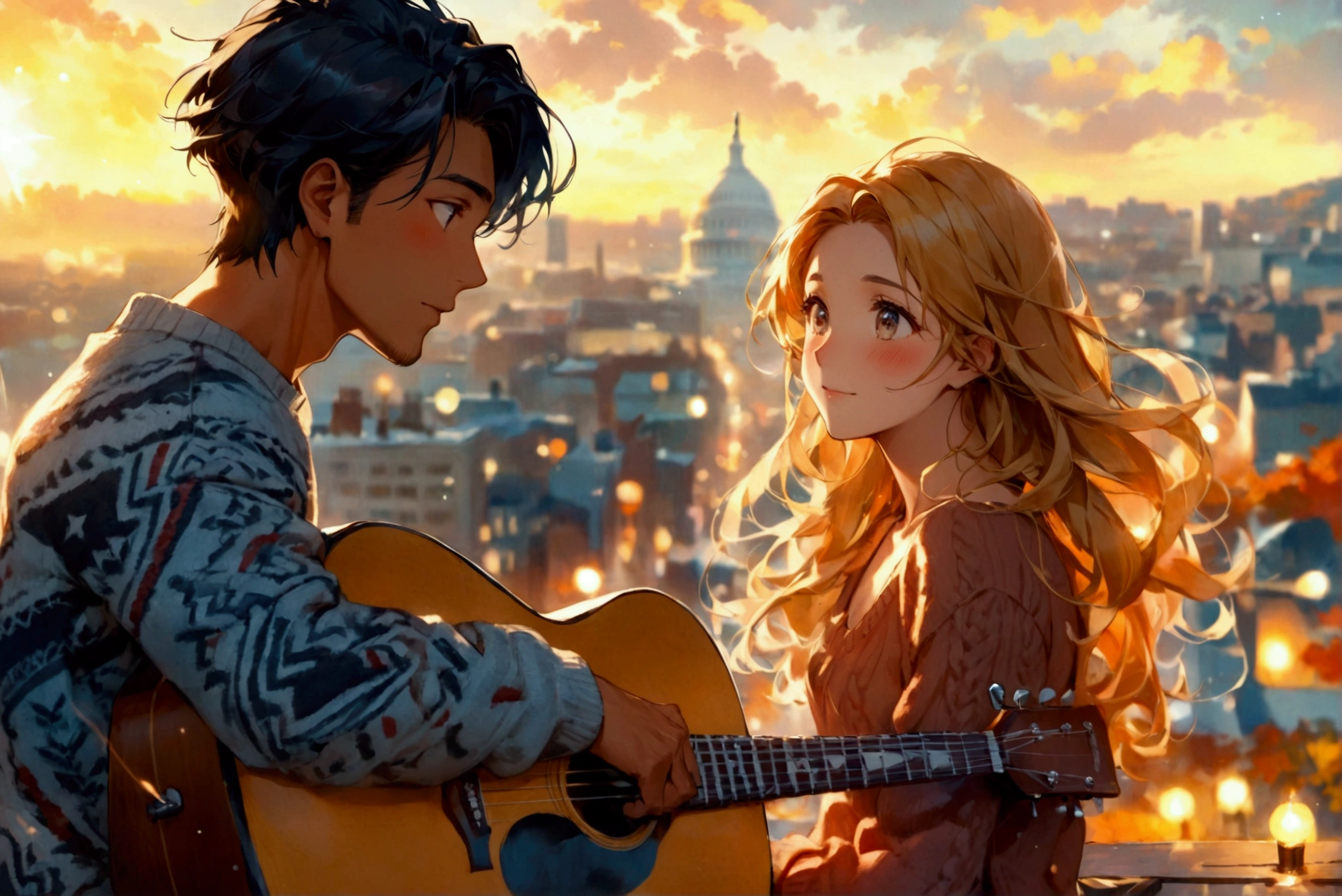 Illustrate a scene in which an Asian man singing with a guitar to his European girlfriend on a rooftop. The scene is set against the breathtaking landscape of Washington D.C. on a warm autumn night when the sky is filled with bright stars. The man has a round face, defined by his brown skin, golden undertone, double lid, round black eyes, low cheek bones, a straight nose, and short black hair in class slick back. He wears a stylish, fitted sweater with a gray geometric print, accentuating his gentle, romantic expression as he strums the guitar and sings to his European girlfriend. She, with a pretty oval face, almond-shaped eyes, low cheek bones, and a Greek nose, has blonde hair that cascades down her back in soft, flowing waves, complementing her fair complexion with a cool undertone. Dressed in a cozy sweater paired with casual, dark-washed pants, she listens intently, a gentle blush on her cheeks, her face aglow with happiness. The full-body shot captures the tender moment, with the guitar and stars shining brightly, as the warm, golden lighting of the rooftop ambiance illuminates the couple's joyous, romantic evening. ((full-body shot)), ((Asian man, 30-year old, muscular physique, round face)), (European woman, 23-year old, blonde hair, long hair)), highly detailed, blush, singing, (playing guitar), ((wide view)), pleasant expression, night sky, cinematic