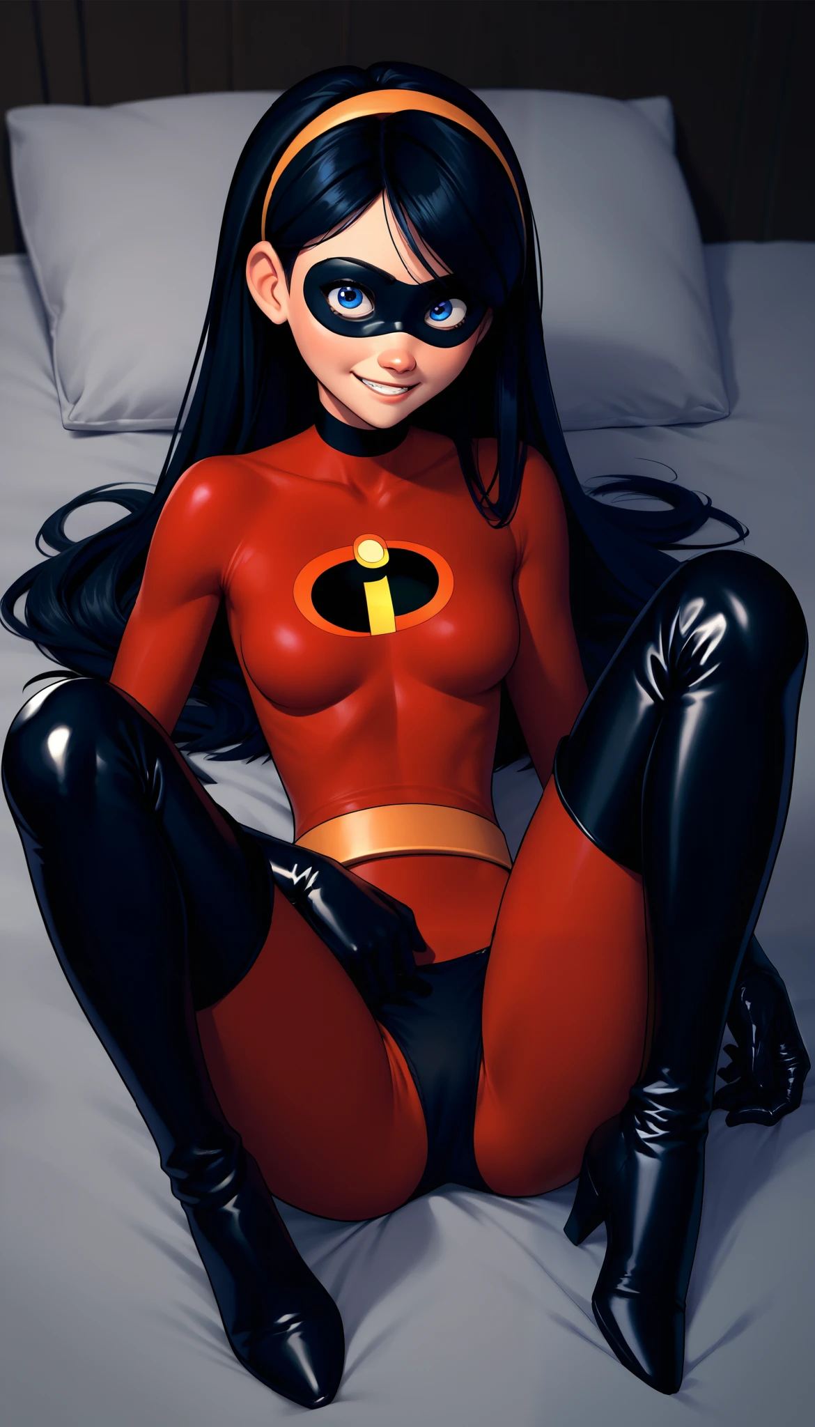 score_9, score_8_up, score_7_up, score_6_up, score_5_up, score_4_up, BREAK, source_cartoon, source_anime, (short body), 1girl, solo, violetparr, mask, black hair, long hair, hairband, blue eyes, red bodysuit, black gloves, thigh boots, full body, laying on bed, spread legs, knees up, looking at viewer, smiling, red bodysuit, golden belt, black panties over bodysuit, solo, simple background