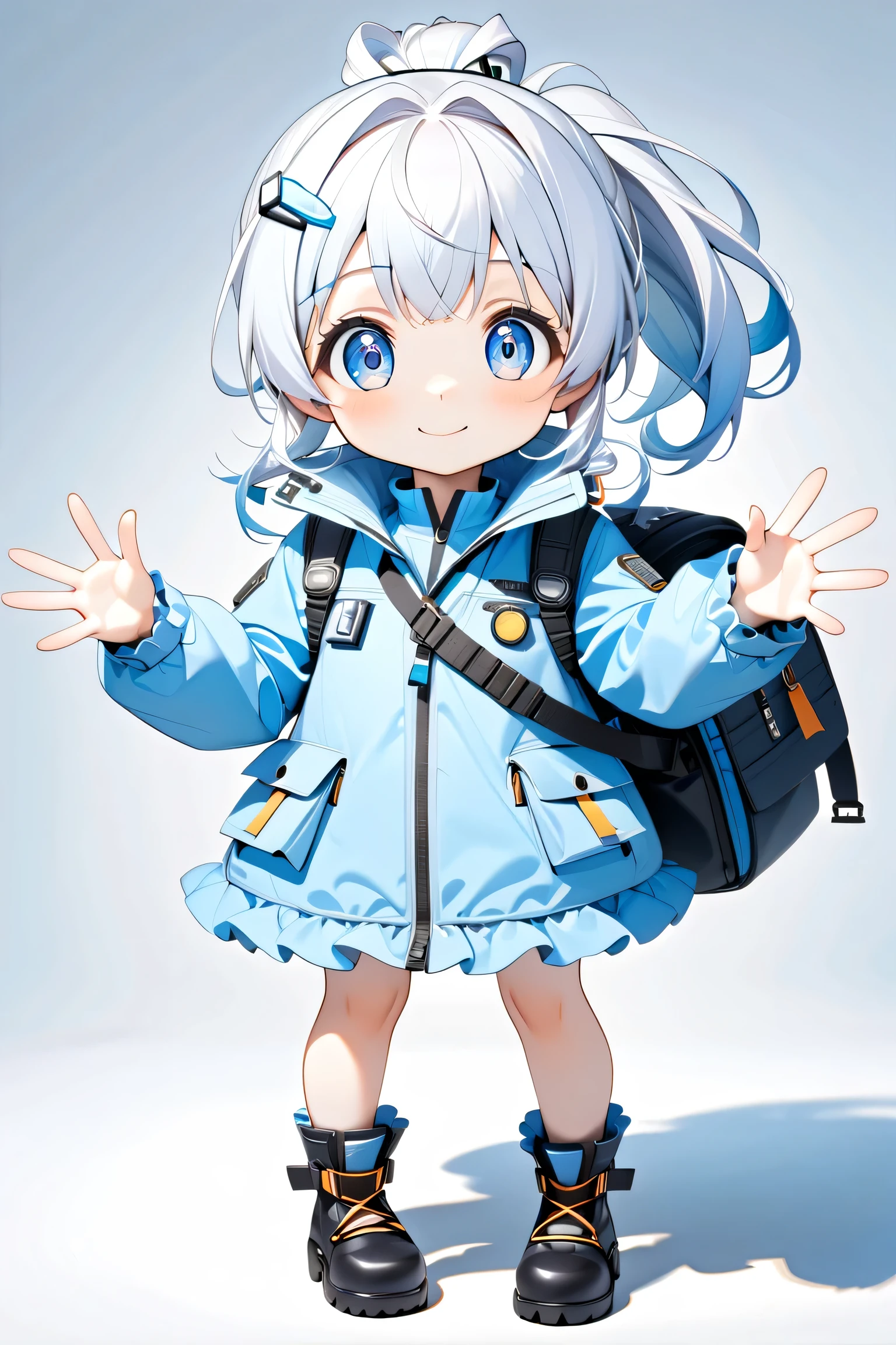  1girl,bag,blue eyes,long sleeves,white background,blush,coat,bangs,standing,blue hair,white footwear,hood,white hair,socks,scarf,short hair,chibi,3D,