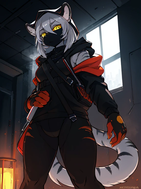 женщина anthro furry tiger ,absurdity,  high definition ,  ultra-detailed ,
1 girl,oversized jacket with hood,whole body,
  original character,girl, grey hair, yellow eyes ,shoulder length hair,  complex black mask, military general, { Best quality }}, {{ masterpiece fails}}, {{ ultra-detailed }}, {illustration}, {Detailed light},
Nuclear fusion