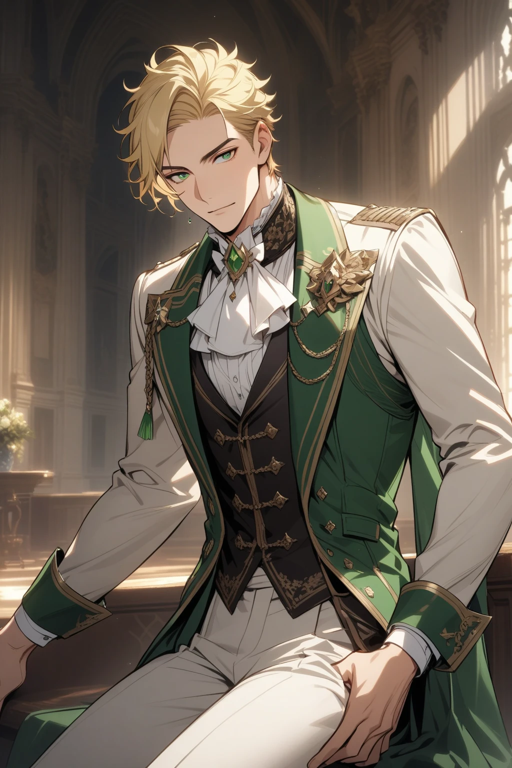 Man, handsome, short blonde hair, green eyes, wearing English Royal Attire