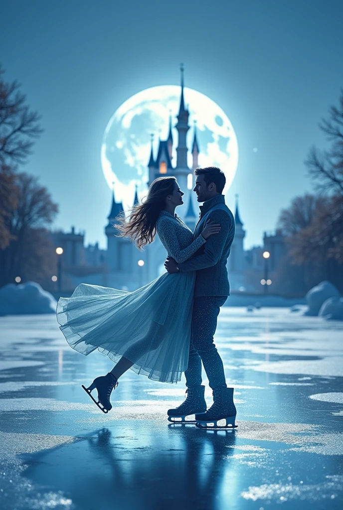 (8k, Highest quality, masterpiece)，Double Exposure, (silhouette), ice skating, (, A tranquil frozen lake, a man and a woman ice dancing,, ), The wind blows the dress and the skirt spreads out., Moonlit Night, Cinderella Castle, Outdoor, 
Shooting stars, twinkling starry sky, sparkling ice crystals, many snowflakes