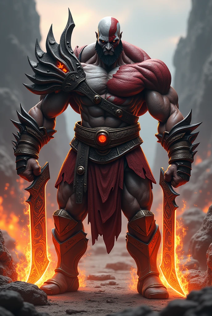 Greek cyclops, fire clothing, chains, muscular, only one eye,warrior